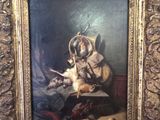 une peinture à l'huile représentant un homme en combinaison de plongée tenant un canard mort