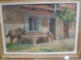 une peinture représentant un homme et un cheval à l'extérieur d'une maison