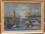 une peinture représentant une scène portuaire avec des bateaux dans l'eau