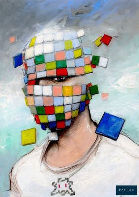 tableau représentant un homme portant un masque multicolore sur le visage