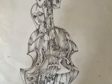 a drawing of a violin with a skeleton on the back