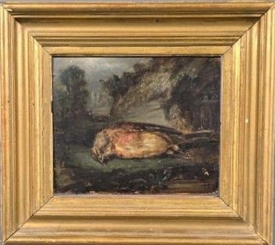 tableau représentant un oiseau mort dans un paysage avec des arbres en arrière-plan