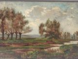 painting of a landscape with trees and a river in the foreground