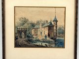 une vieille peinture représentant un château avec un pont devant