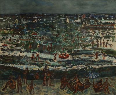 a painting of people on the beach by the ocean