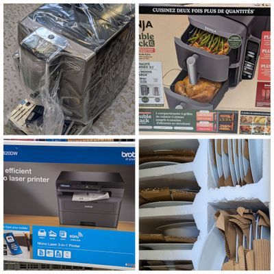 plusieurs photos différentes d'une imprimante et d'autres articles dans un magasin