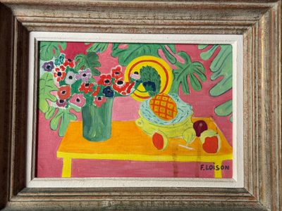 une peinture représentant un vase de fleurs et de fruits sur une table