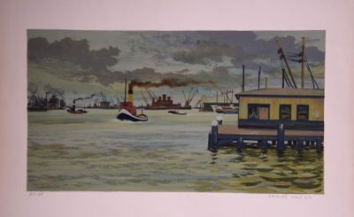a picture of a painting of a boat in the water