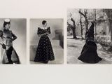 three black and white photographs of women in long dresses in a park