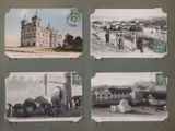 four black and white photos of a castle with horses and carriages
