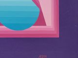 painting of a blue, pink and purple geometric design on a purple background