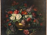 tableau représentant des fleurs dans un vase doré sur fond noir