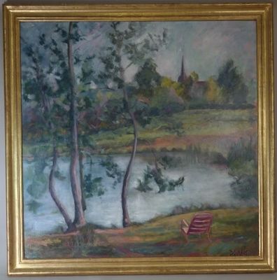 DUPAIS (XXè) "Au bord de l'étang", huile sur toile signée en…