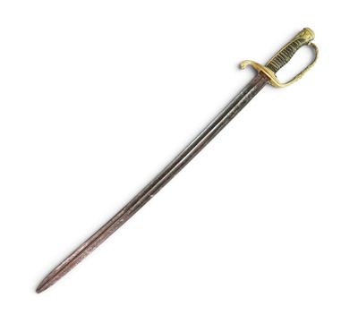 a close up of a sword on a white surface