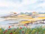 une aquarelle représentant une scène de plage avec un bateau dans l'eau