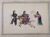 a painting of three men on horseback with a horse in the foreground