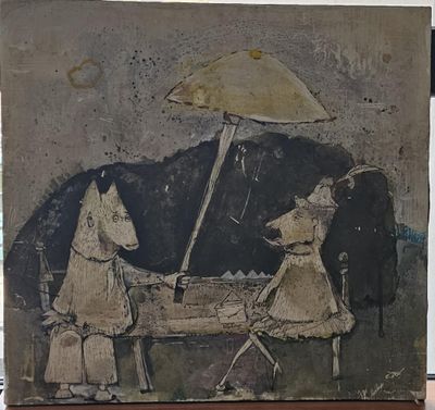 a picture of a painting of two people sitting at a table under an umbrella