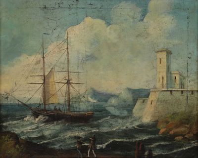 painting of a ship in rough water with a lighthouse in the background