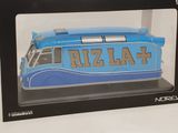 a blue toy bus in a black box on a white surface