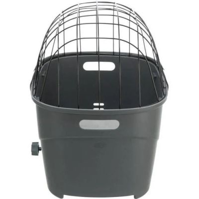 un gros plan sur une cage de transport noire pour chat, surmontée d'une cage