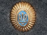 an image of a blue and gold badge on a gray blanket