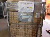 a cart with a bunch of boxes on it in a warehouse