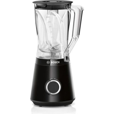 le mixeur est noir et est muni d'un bol en verre sur le dessus