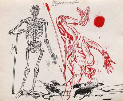 une image représentant un dessin d'un squelette et d'un homme tenant un bâton