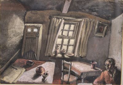 a painting of a woman sitting at a table in a room
