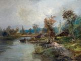 une peinture représentant un bateau sur une rivière, avec une maison en arrière-plan
