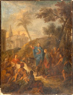 an old painting of a man on a horse with a group of people in the background