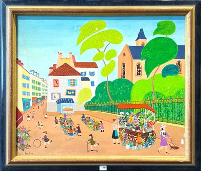 Josette BARDOUX (née en 1948). Le marché aux fleurs; huile s…