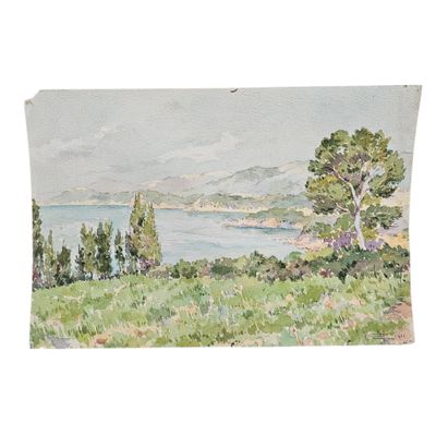 aquarelle représentant une vue sur un lac avec des arbres au premier plan