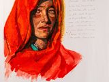 painting of a woman in a red hoodie with a handwritten note