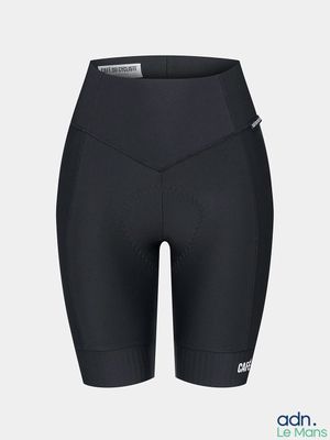 un cuissard de cyclisme pour femme, noir, avec un logo blanc sur le côté