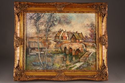 an oil painting of a village scene with a bridge and a boat