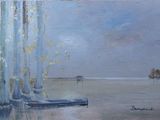 une peinture représentant un bateau dans un plan d'eau