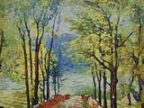 painting of a painting of a road with trees on both sides and a person on the other side of the road