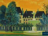 a painting of a fountain in the middle of a park