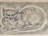 dessin représentant un chat aux grands yeux, en noir et blanc