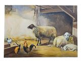 a painting of a sheep and chickens in a barn