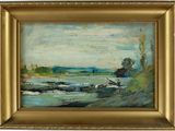 une peinture à l'huile représentant une scène de rivière avec un bateau dans l'eau