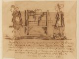 an old drawing of two people standing next to a bed