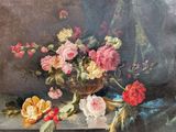 a painting of flowers in a vase on a table