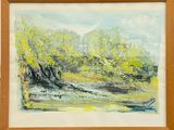 painting of a landscape with trees and a river in a wooden frame