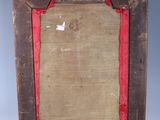 an old wooden picture frame with a red border on a white background