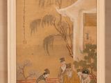 a painting of a group of people sitting on a bench