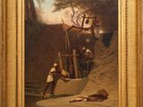 une image représentant un tableau où l'on voit des hommes travaillant sur un bateau sur une rivière