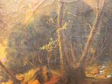 a picture of a painting of a man and a dog in the woods