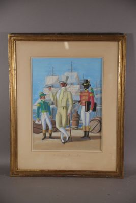 tableau représentant un homme en costume jaune debout à côté d'un homme en costume vert
